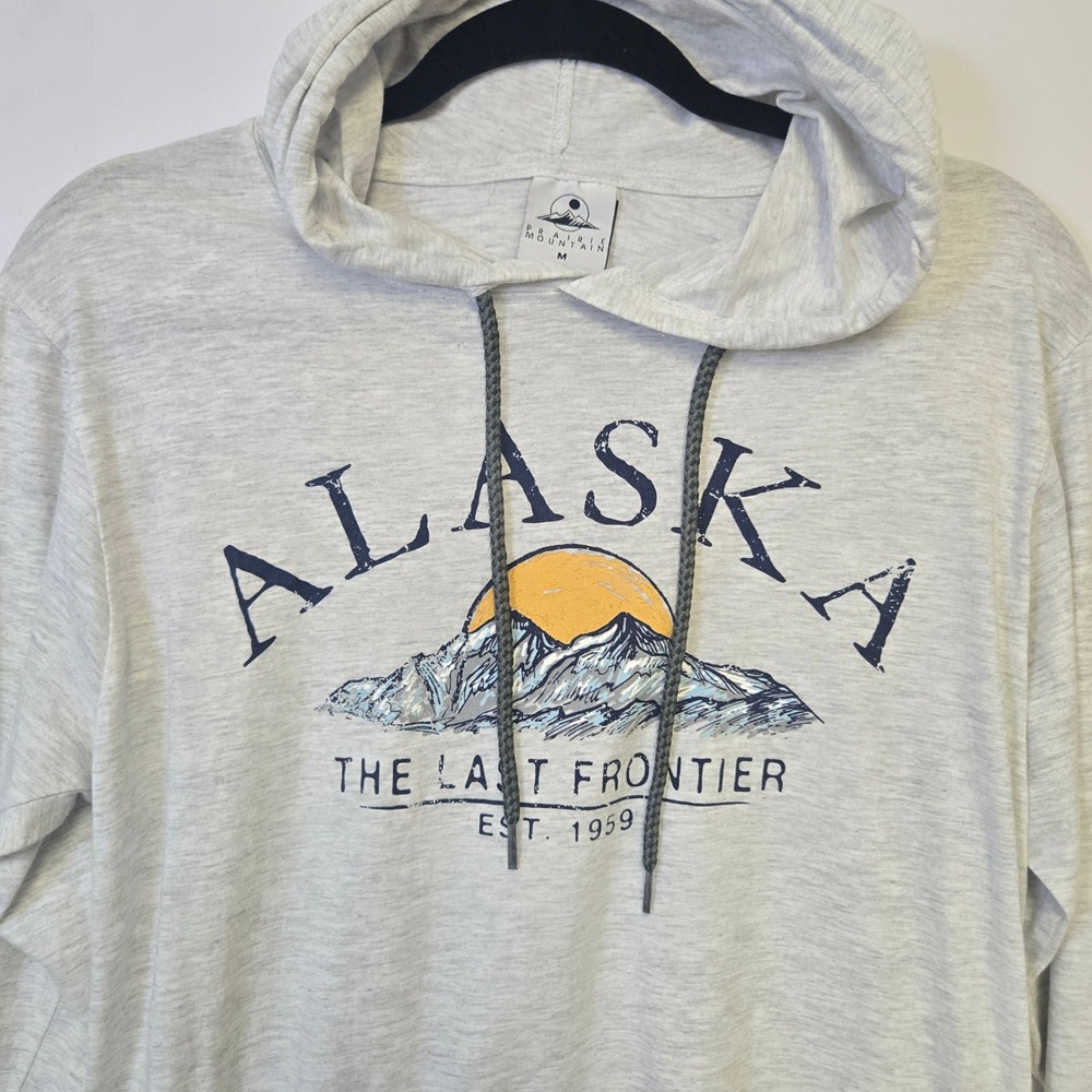 Prairie Mountain Alaska The Last Frontier Heather Gray Hooded Graphic Tee Size M